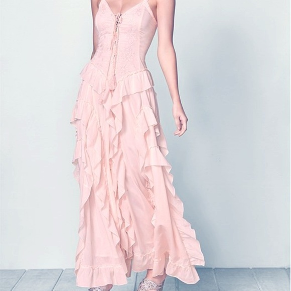 venus lace up ruffle maxi dress